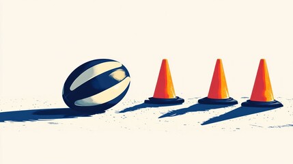 Wall Mural - Rugby ball near three orange cones on sand.