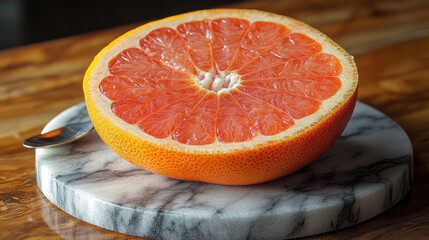 Poster - A single grapefruit half perched on a marble coaster, with a metal spoon beside it,