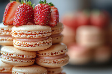 Poster - Macaron tower decorated with thin slices of strawberry for a fruity dessert fusion,