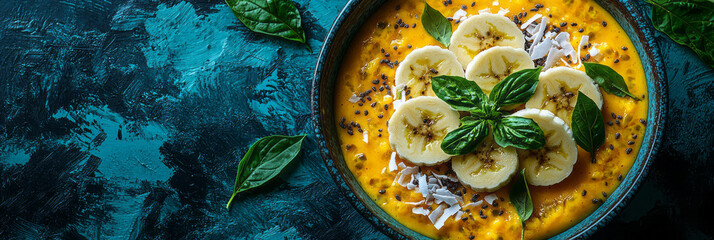 Poster - Overhead photo of a tropical smoothie bowl topped with passion fruit, sliced banana, and coconut flakes,