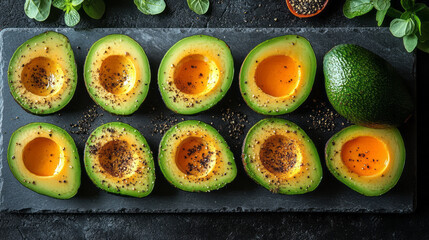 Poster - Perfectly ripe avocado halves arranged in a circle on a slate board, sprinkled with black pepper,