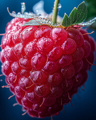 Poster - Close-up of a single raspberry with tiny details of the druplets in sharp focus,