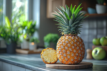 Poster - Large pineapple placed upright in a stylish kitchen with minimal dÃ©cor, highlighting its spiky crown,