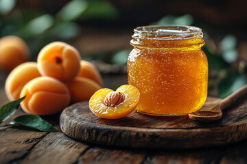 Poster - Glass jar of homemade apricot jam, showcased next to whole apricots on a wooden cutting board,