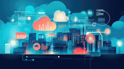 Poster - illustration of Digital transformation in business concept. Leveraging modern technologies; automation, data analytics, cloud computing and AI to increase efficiency
