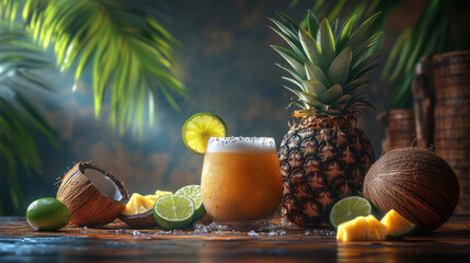 Poster - Tropical bar scene with sliced limes, coconut shells, and pineapple wedges ready for a mocktail,