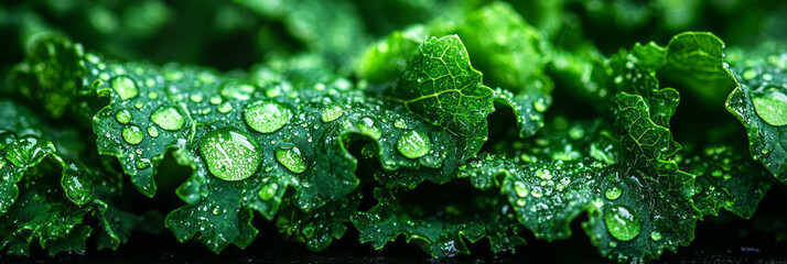 Aufkleber - Macro photo of water droplets on kale leaves, highlighting the intricate texture under soft lighting,