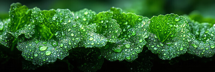 Aufkleber - Macro photo of water droplets on kale leaves, highlighting the intricate texture under soft lighting,