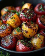 Poster - Charred bell peppers in bright red, yellow, and orange colors, sprinkled with fresh herbs,