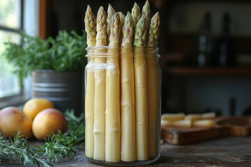 Poster - Elegant still life of white asparagus in a tall glass jar, emphasizing its pale tones,