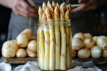 Poster - Elegant still life of white asparagus in a tall glass jar, emphasizing its pale tones,
