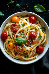 Poster - Spiralized zucchini noodles in a white bowl, garnished with cherry tomatoes and basil leaves,