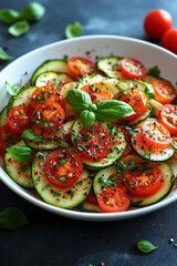 Poster - Spiralized zucchini noodles in a white bowl, garnished with cherry tomatoes and basil leaves,