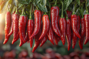 Poster - A cluster of bright red chili peppers hanging against a neutral background,