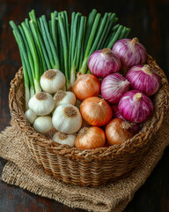 Poster - Rustic basket filled with shallots, garlic, and spring onions, placed on a burlap cloth,