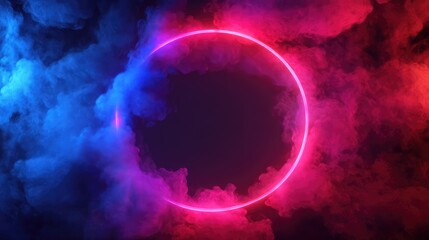 Poster - illustration of neon smoke exploding outwards with empty center. Dramatic smoke or fog effect for spooky, hot lighting ring circle