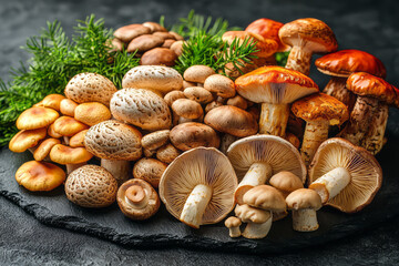 Poster - Sophisticated flat-lay of assorted mushrooms--portobello, shiitake, oyster--on a dark slate backdrop,