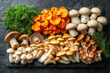 Poster - Sophisticated flat-lay of assorted mushrooms--portobello, shiitake, oyster--on a dark slate backdrop,