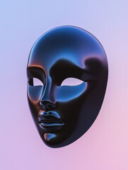 Poster - A Lustrous Obsidian Mask Floating in a Soft Gradient of Lavender and Light Blue, Revealing a Sense of Mystery and Surreal Beauty