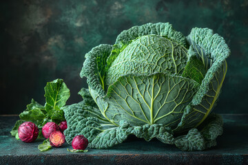 Poster - Dramatic still life of a large savoy cabbage on a dark backdrop, with subtle side lighting,