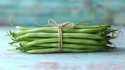Poster - Trio of slender French beans tied with twine, set against a soft pastel background,