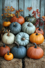 Poster - Traditional harvest scene with a pile of autumn squash and pumpkins on hay bales,