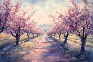 Poster - Pink Blossom Trees Line A Country Road