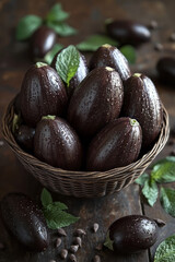 Poster - Whole eggplants in a woven basket, displayed under soft directional light to highlight their glossy skin,