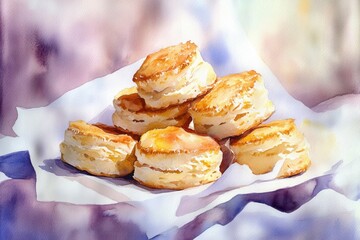 Wall Mural - A Watercolor Painting of Golden Brown Biscuits