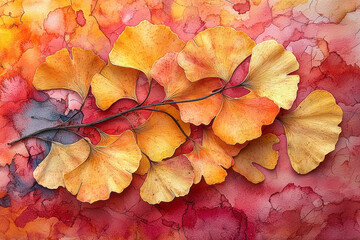 Poster - Artistic painting-style collage of dried ginkgo leaves layered over abstract watercolor backgrounds,