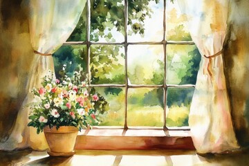 Poster - Watercolor painting of flowers in a pot by a window