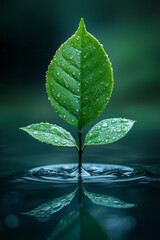 Aufkleber - Single green tea leaf on a reflective surface, capturing droplets of water for a fresh look,