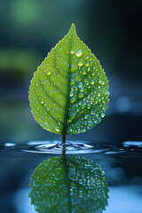 Aufkleber - Single green tea leaf on a reflective surface, capturing droplets of water for a fresh look,