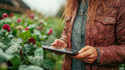 Poster - Unrecognizable woman using a digital tablet in a wet, lush garden with vibrant flowers and greenery