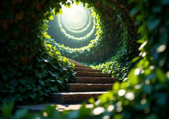 Canvas Print - Beautiful stone steps leading through a lush green tunnel of vines and sunlight