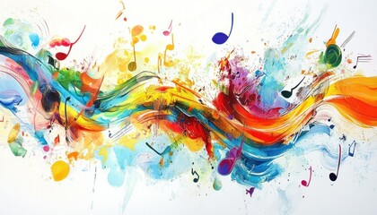 Poster - Symphony of Colors, A vibrant abstract painting where musical notes dance amidst swirling hues of rainbow-colored brushstrokes, creating a sense of motion and joyful melody,