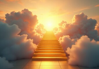 Wall Mural - Golden staircase leading to a bright horizon among fluffy clouds at sunset