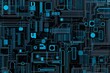 © Abstract - Abstract close-up of a glowing blue digital circuit board, showcasing intricate connections and technological design on a black background.
