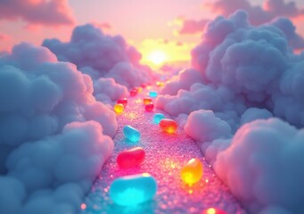 Wall Mural - Colorful jewel pathway leads through dreamy clouds at sunset sky