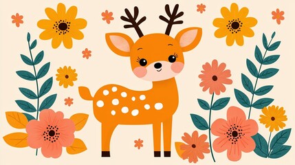 Wall Mural - Cute cartoon deer amidst colorful flowers and leaves.