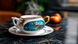 © win - Aromatic Tea in an Ornate Porcelain Cup, Steaming on a Dark Marble Table