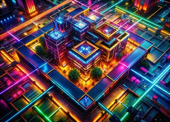 Wall Mural - abstract neon multicolor aerial structure: futuristic architectural design