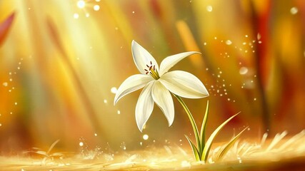 Wall Mural - Single white flower blooms amidst golden background and soft glowing lights in a serene setting during springtime