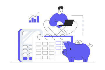 Poster - Planning financial budget. Character analyzing personal money and accounts, calculating finance, creating strategy with calendar. Flat Cartoon Vector Illustration, icon. Stylish abstract