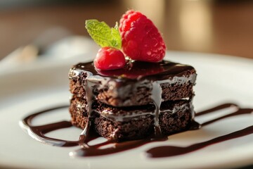 Wall Mural - Delicious Chocolate Brownie Dessert Topped With Raspberries