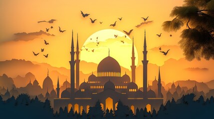 Canvas Print - Mosque Silhouette An elegant silhouette paper art 3d background 