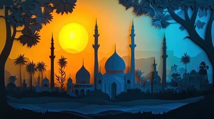 Canvas Print - Mosque Silhouette An elegant silhouette paper art 3d background 