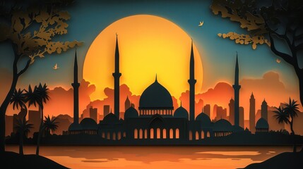 Canvas Print - Mosque Silhouette An elegant silhouette paper art 3d background 