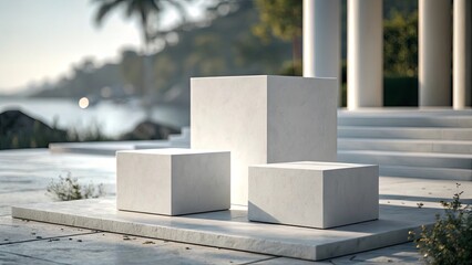 Poster - Three white boxes are arranged on a stone platform