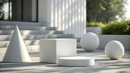 Poster - A white cube and three white spheres are arranged on a concrete surface